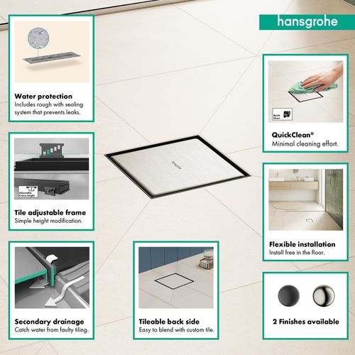 Main product image of RainDrain Brilliance Point Drain Set 6"x 6" Trim with Height Adjustable Frame and Rough (Brushed Stainless Steel), 56136801
