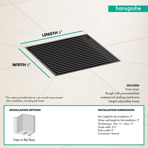 Main product image of RainDrain Brilliance Point Drain Set 6"x 6" Trim with Height Adjustable Frame and Rough (Brushed Stainless Steel), 56136801