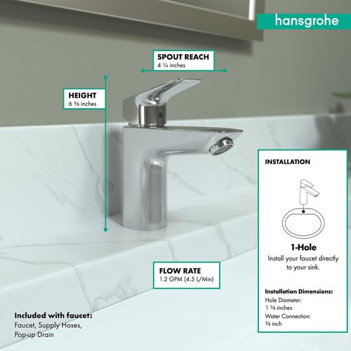 Main product image of Logis Single-Hole Bathroom Faucet 100 with Pop-Up Drain, 1.2 GPM (Chrome), 71100001