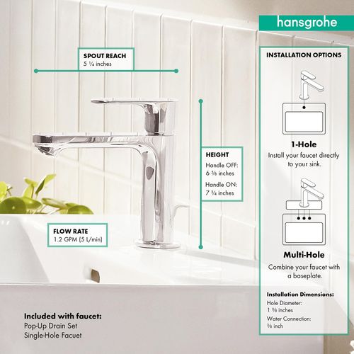Main product image of Rebris S Single-Hole Bathroom Faucet 110 with Pop-Up Drain, 1.2 GPM (Chrome), 72517001