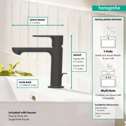 Main product image of Rebris S Single-Hole Bathroom Faucet 110 with Pop-Up Drain, 1.2 GPM (Matte Black), 72517671