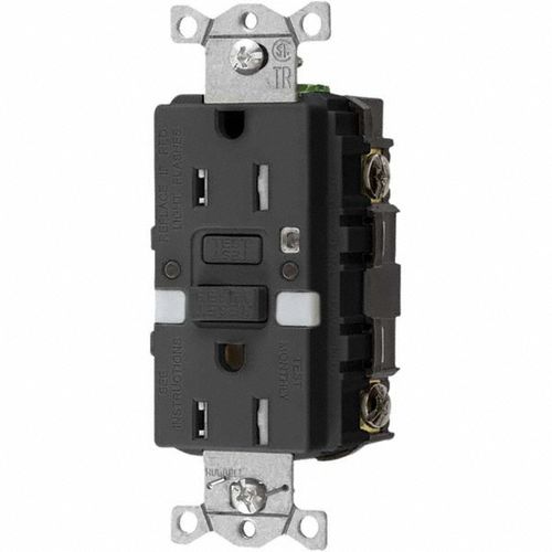 Main product image of Commercial GFCI Receptacle, NEMA 5-15R, Manual Reset, Back Wiring, 1 Phase, Nightlight (Black), GFTRST15BKNL