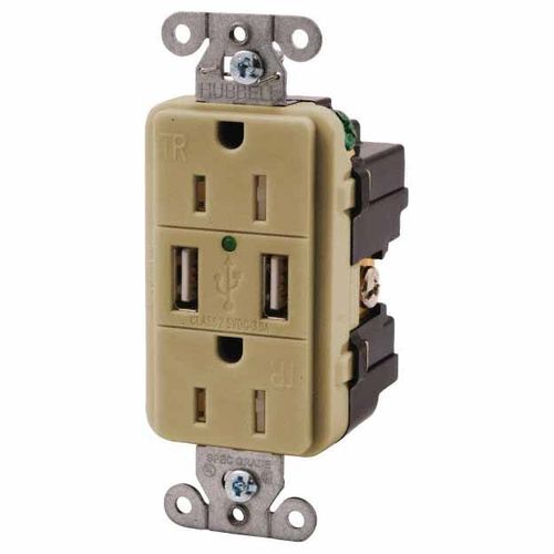 Main product image of USB Charger Duplex Receptacle, 15A 125V, 2-Pole 3-Wire Grounding, 5-15R, (2) 5A USB Ports (Ivory), USB15A5I