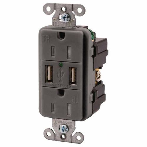 Main product image of USB Charger Duplex Receptacle, 15A 125V, 2-Pole 3-Wire Grounding, 5-15R, (2) 5A USB Ports (Gray), USB15A5GY