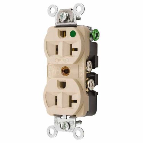 Main product image of Straight Blade Duplex Receptacle, NEMA 5-20R, 20 Amps, Self-Grounding, Ivory, HBL8300HI