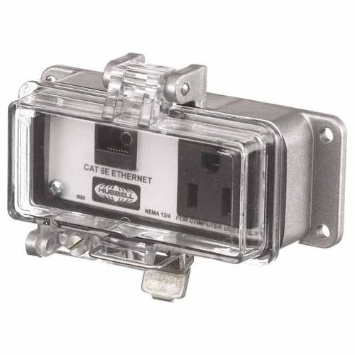 Main product image of 1 Port, 1 Power Receptacle, Industrial Ethernet, NEMA 12/4 Enclosure, Cat 5e, 15A 125V, Gray, P155E