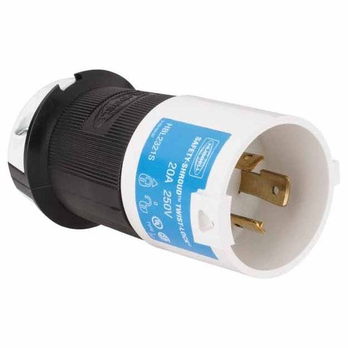 Main product image of 2P 3 Wire 20A Industrial Locking Plug, Shrouded, L6-20P, 250V, Black & White, HBL2321S