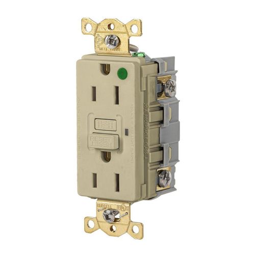 Main product image of Duplex Hospital GFCI Receptacle, NEMA 5-15R, Manual Reset, Back/Side Wiring (Ivory), GFR82I