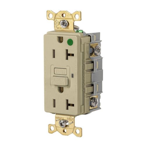 Main product image of Duplex Hospital GFCI Receptacle, NEMA 5-20R, Manual Reset, Back/Side Wiring (Ivory), GFR83I