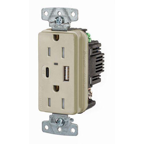 Main product image of USB Charger Receptacle, 15A 125V Duplex, Power Delivery 55W Type AC Ports, NEMA 5-15R (Ivory), USB15ACPDI