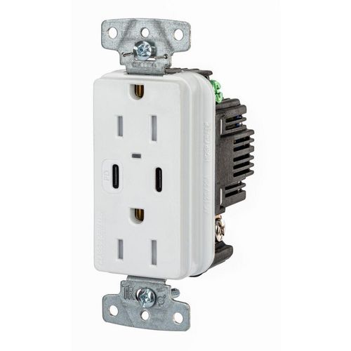 Main product image of USB Charger Receptacle, 15A 125V Duplex, Power Delivery 55W Type C Ports, NEMA 5-15R, (White), USB15CPDW
