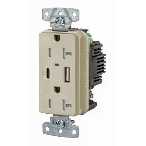 Main product image of USB Charger Receptacle, 20A 125V Duplex, Power Delivery 55W Type AC Ports, NEMA 5-20R (Ivory), USB20ACPDI