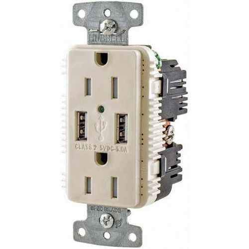 Main product image of USB Charger Duplex Receptacle, 15A 125V, 2-Pole 3-Wire Grounding, 5-15R, (2) 5A USB Ports (Light Almond), USB15A5LA