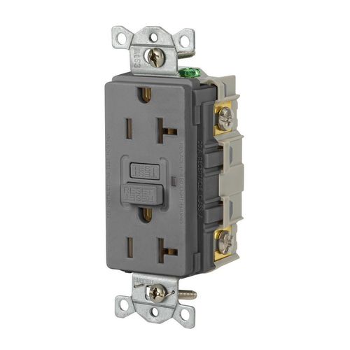 Main product image of Duplex Commercial Grade GFCI Receptacle, NEMA 5-20R, Screw Terminals, Socket End, Manual Reset, Gray, GFR20GRY