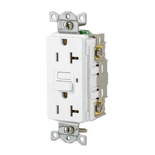 Main product image of Duplex Commercial Grade GFCI Receptacle, NEMA 5-20R, Screw Terminals, Socket End, Manual Reset, White, GFR20W