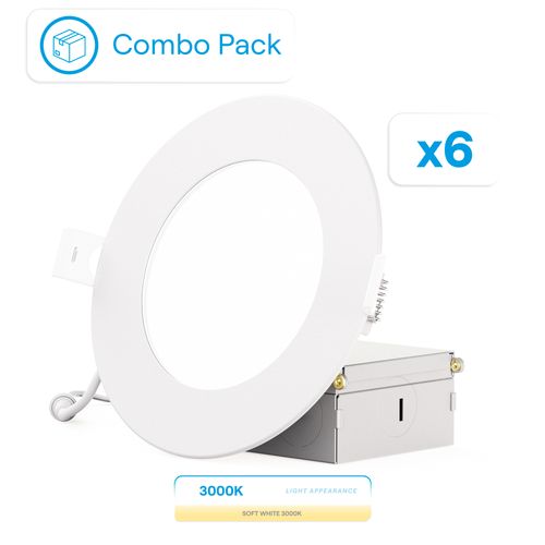 Main product image of 4" 3000K Recessed LED Downlight, 9W, 750 Lumens, Triac Dimming, Wet Rated - Warm White (6 Pack)