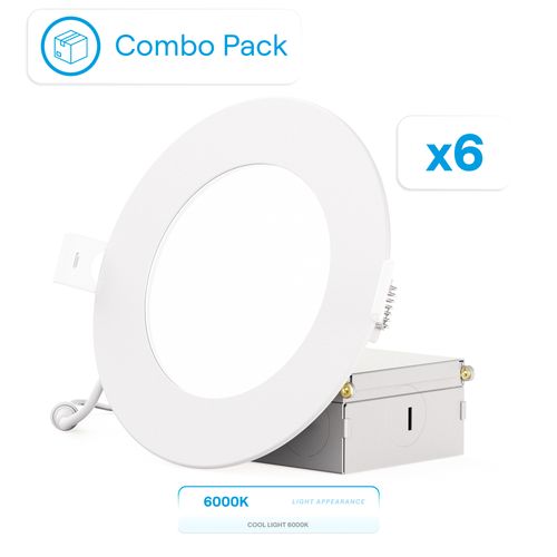 Main product image of 4" 6000K Recessed LED Downlight, 9W, 750 Lumens, Triac Dimming, Wet Rated  - Clear White (6 Pack)