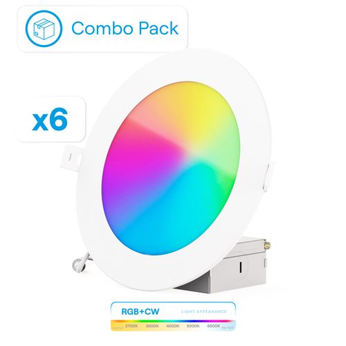 Main product image of 6" Wifi Smart RGB + CW Recessed LED Downlight, 12W, 1100 Lumens, App Dimmable, Wet Rated (6 Pack)