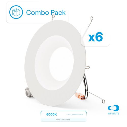 Main product image of 6" Retrofit 6000K Integrated LED Recessed Light Kit 12W 1100LM Remodel, Dimmable, Wet Rated - Clear White (6 Pack)