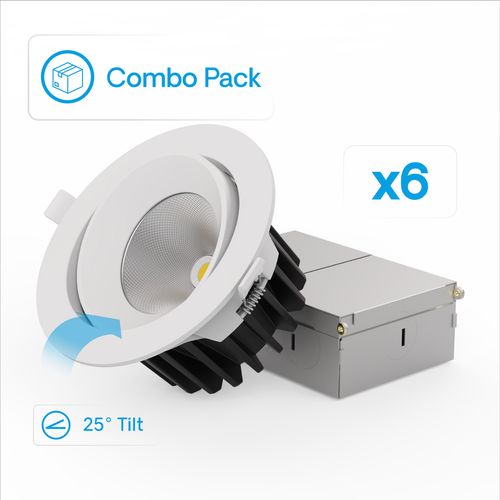 Main product image of 4" Gimbal 24-Degree 5CCT Selectable New Construction 12W 960LM 0-10V Dimmable LED Recessed Light, 120-277V - White (6 Pack)