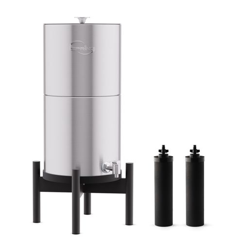 Main product image of Gravity-Fed Stainless Steel Countertop Water Filter System, Black Wood Base w/ 2 Activated Carbon Water Filters, 3.17 Gal