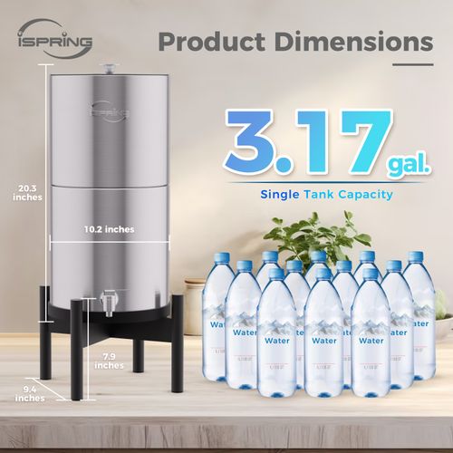 Main product image of Gravity-Fed Stainless Steel Countertop Water Filter System, Black Wood Base w/ 2 Activated Carbon Water Filters, 3.17 Gal