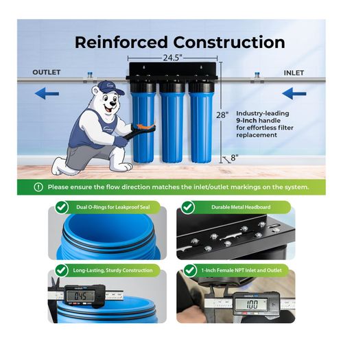 Main product image of 3 Stage Whole House Water Filter System w/ 20" Chloramine & Heavy Metal Reducing Filters