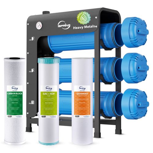 Main product image of 3 Stage Whole House Water Filter System w/ 20" Heavy Metal & H2S Reducing Filters, Horizontal Housings
