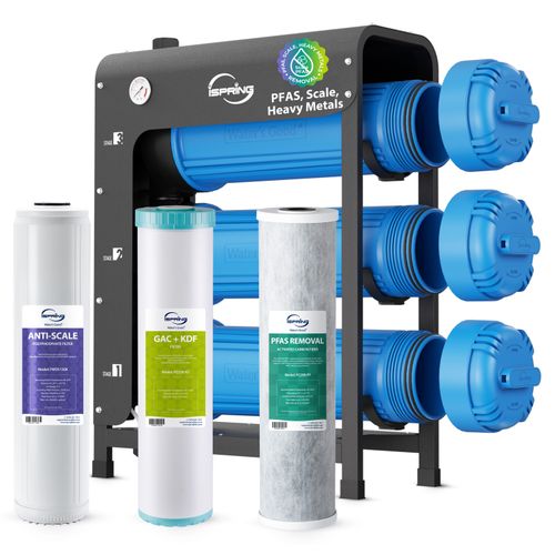 Main product image of 3 Stage Whole House Water Filter System w/ 20" PFAS, Heavy Metal & Anti-Scale Filters, Horizontal Housings