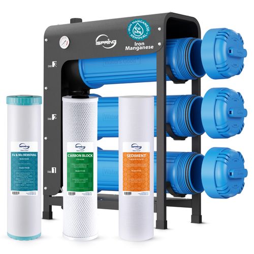 Main product image of 3 Stage Whole House Water Filter System w/ 20" Iron Manganese Reducing Filters, Horizontal Housings