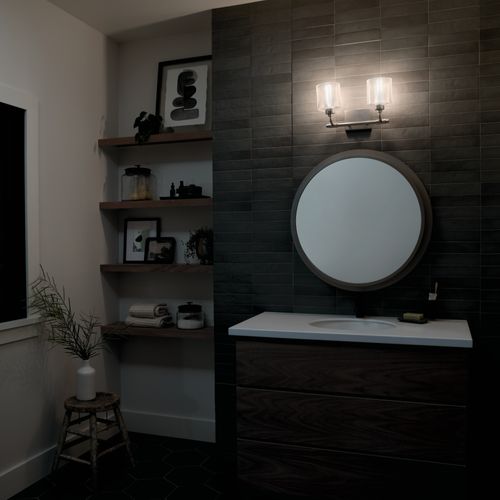 Main product image of Harvan 15" 2 Light Vanity Light w/ Clear Ribbed Glass Satin Nickel