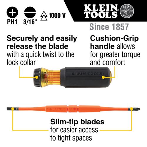 Main product image of Flip-Blade Insulated Screwdriver, 2-in1, Ph Bit #1, Sl Bit 3/16", 32286