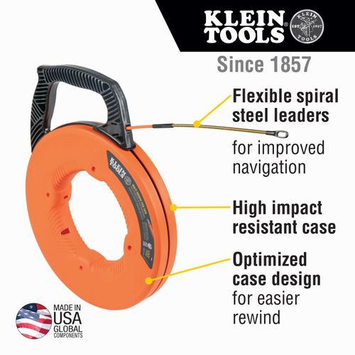 Main product image of Multi-Groove Fiberglass Fish Tape with Spiral Steel Leader, 100', 56380