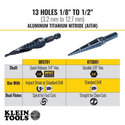 Main product image of 13-Step Drill Bit, 3/8" Hex, Double Straight Flute, 1/8" to 1/2", KTSB01