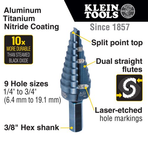 Main product image of 9-Step Drill Bit, 3/8" Hex, Double Straight Flute, 1/4" to 3/4", KTSB03