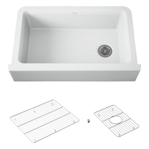 Main product image of Cairn 34" Undermount Single-Bowl Farmhouse Kitchen Sink w/ Fluted Design (Matte White), K-25788-CM6
