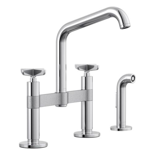Main product image of Billet Two-Hole Bridge Kitchen Sink Faucet w/ Side Sprayer (Polished Chrome), K-28665-3-CP
