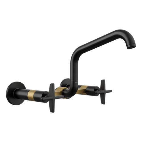 Main product image of Billet Two-Hole Wall-Mount Bridge Kitchen Sink Faucet (Matte Black w/ Brushed Moderne Brass), K-28666-3-BMB