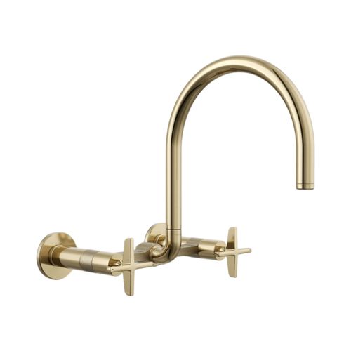 Main product image of Billet Two-Hole Wall-Mount Bridge Kitchen Sink Faucet (Vibrant French Gold), K-28672-3-AF