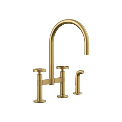 Main product image of Billet Two-Hole Bridge Kitchen Sink Faucet w/ Side Sprayer (Vibrant Brushed Moderne Brass), K-28673-9-2MB