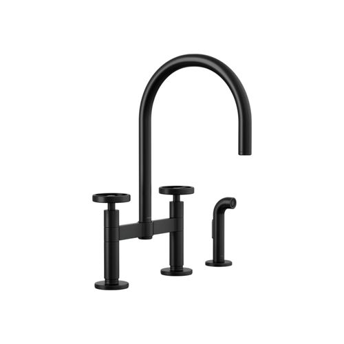 Main product image of Billet Two-Hole Bridge Kitchen Sink Faucet w/ Side Sprayer (Matte Black), K-28673-9-BL