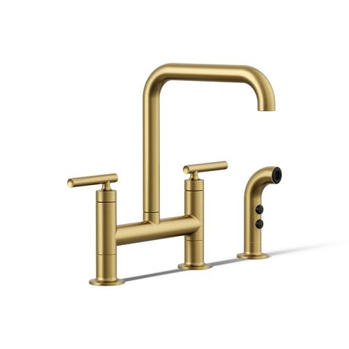 Main product image of Two-Hole Bridge Kitchen Sink Faucet w/ Side Sprayer (Vibrant Brushed Moderne Brass), K-7548-4-2MB
