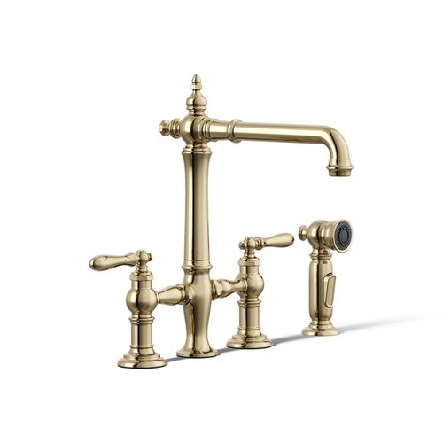 Main product image of Three-Hole Bridge Kitchen Sink Faucet w/ Side Sprayer (Vibrant French Gold), K-76519-4-AF
