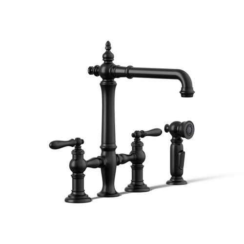 Main product image of Three-Hole Bridge Kitchen Sink Faucet w/ Side Sprayer (Matte Black), K-76519-4-BL