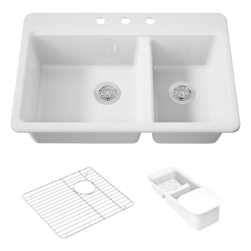 Main product image of Riverby 33" Top-Mount Double-Bowl Workstation Kitchen Sink (White), K-8669-3A2-0