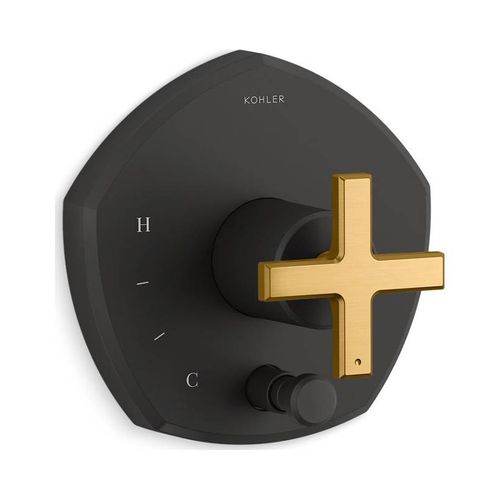 Main product image of Rite-Temp Valve Trim w/ Push-Button Diverter And Cross Handle (Matte Black w/ Brushed Moderne Brass)