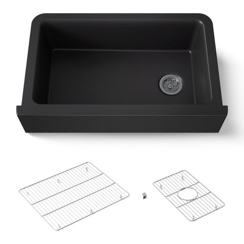 Main product image of Cairn 34" Undermount Single-bowl Farmhouse Kitchen Sink w/ Fluted Design (Matte Black), K-25788-CM1