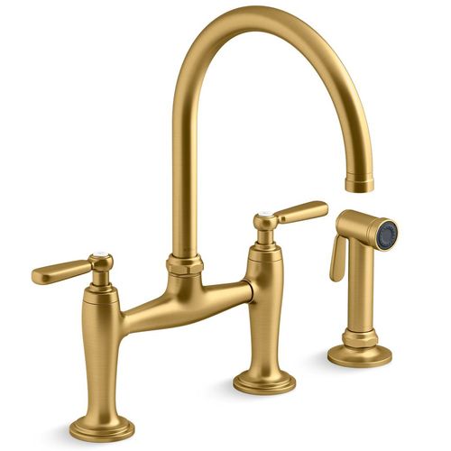 Main product image of Edalyn by Studio McGee Two-hole Bridge Kitchen Faucet w/ Side Sprayer (Vibrant Brushed Moderne Brass), K-28356-2MB