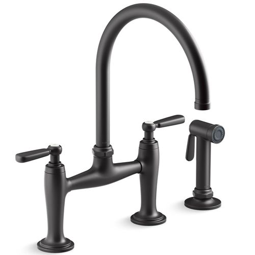 Main product image of Edalyn by Studio McGee Two-hole Bridge Kitchen Faucet w/ Side Sprayer (Matte Black), K-28356-BL