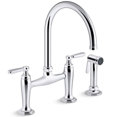 Main product image of Edalyn by Studio McGee Two-hole Bridge Kitchen Faucet w/ Side Sprayer (Polished Chrome), K-28356-CP